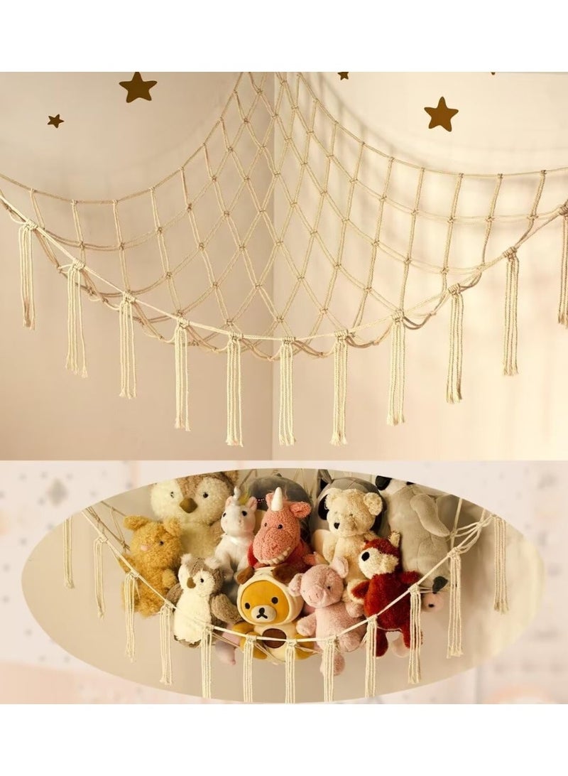 HOMESTAR Cotton Rope Knitted Plush Toy Storage Hammock With Hooks, Kids Room Doll Handmade Wall Hanging Storage Net For Stuffed Animal Toys, Cute Wall Bedroom Home Decor, Must-Have For Nursery and Kids Room, 59x39.4 Inch - Image 3